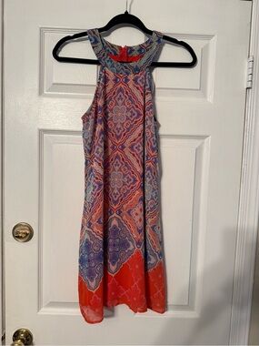 Sleeveless Mini Dress in Coral and Purple Tile Print